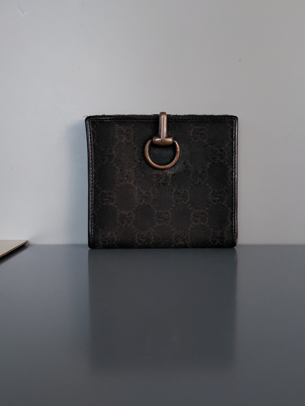 Gucci Black GG Monogram Bifold Wallet with Brass Ring Detail